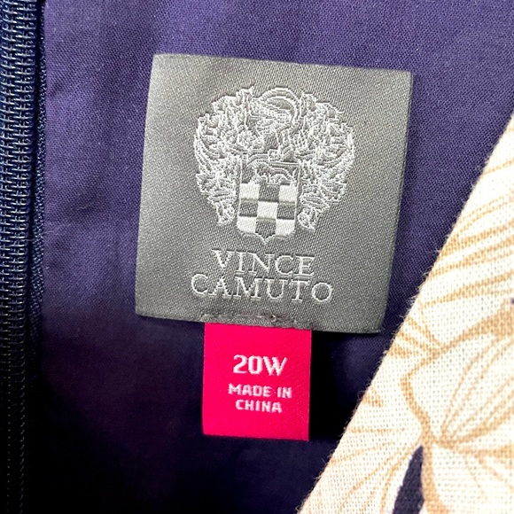 Vince Camuto Linen Tan Navy White Leaf Palm Sleeveless V Neck Dress Sz 20W - Picture 3 of 7